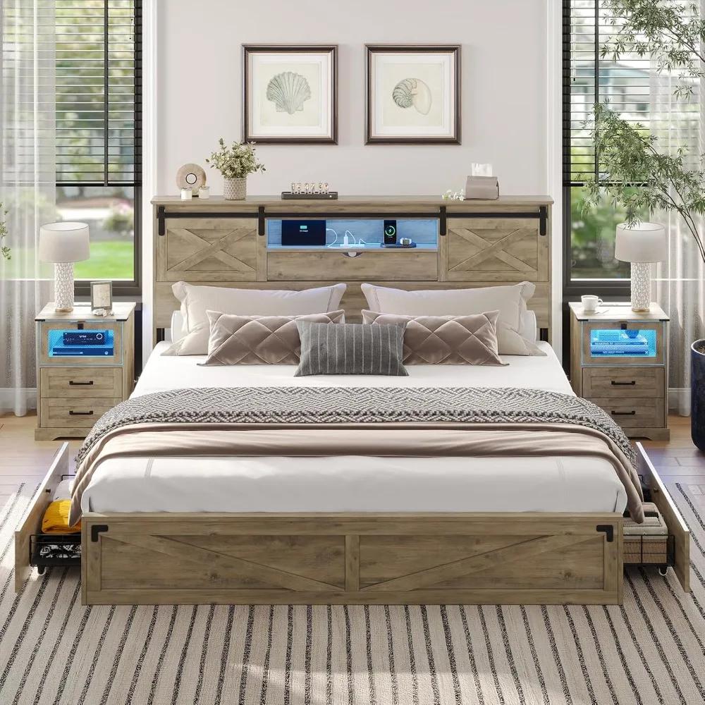 King Size Wooden Bed Frame with Storage, Bookcase Headboard, LED Lights, and Charging Station
King Size Wooden Bed Frame with Storage, Bookcase Headboard, LED Lights, and Charging Station
