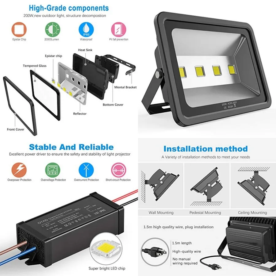 200W LED Flood Lights 6000K Daylight White Lighting Fixtures Super Bright 20000lm Outdoor Security Lights IP66 Waterproof 110-2
200W LED Flood Lights 6000K Daylight White Lighting Fixtures Super Bright 20000lm Outdoor Security Lights IP66 Waterproof 110-2