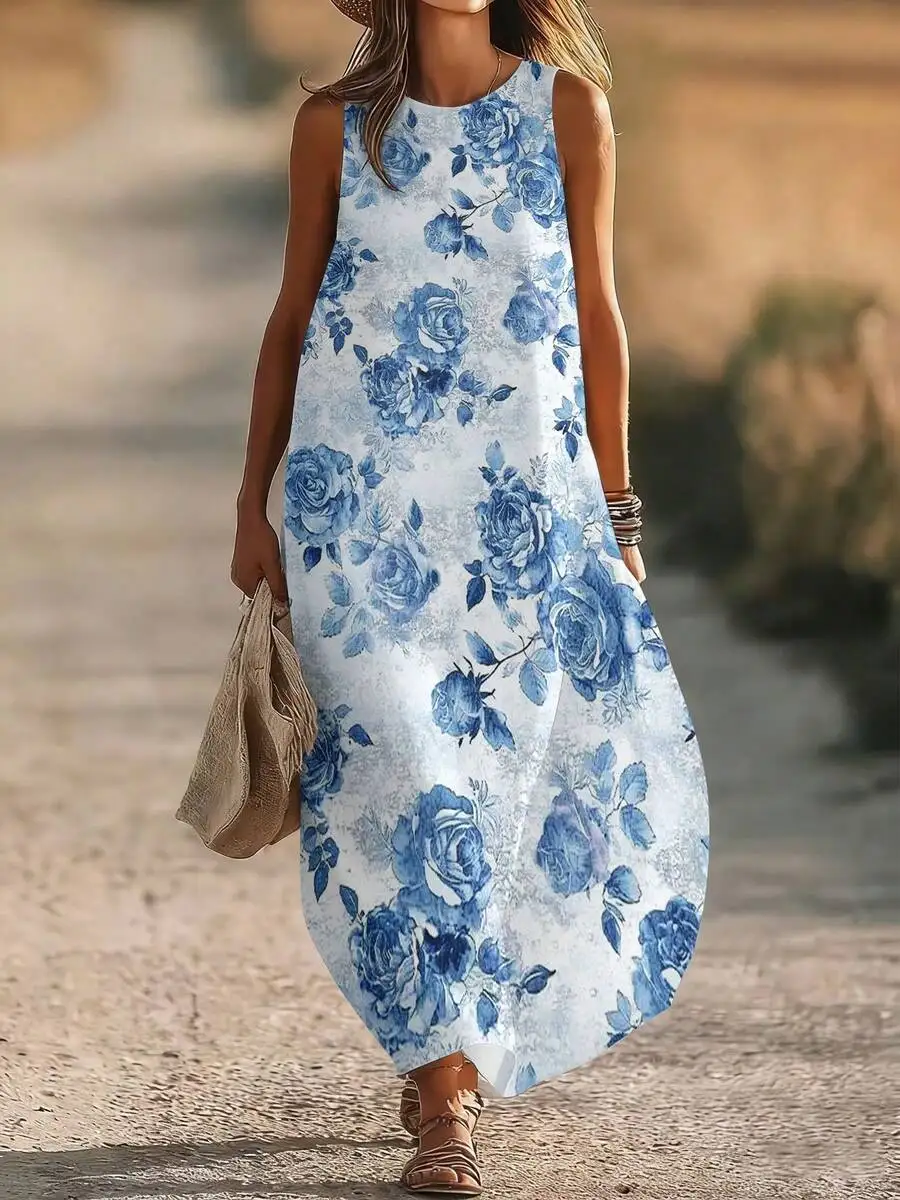 Women Sleeveless Round Neck Blue Rose Floral Print Long Dress Casual Loose Knit Maxi Dress
Women Sleeveless Round Neck Blue Rose Floral Print Long Dress Casual Loose Knit Maxi Dress