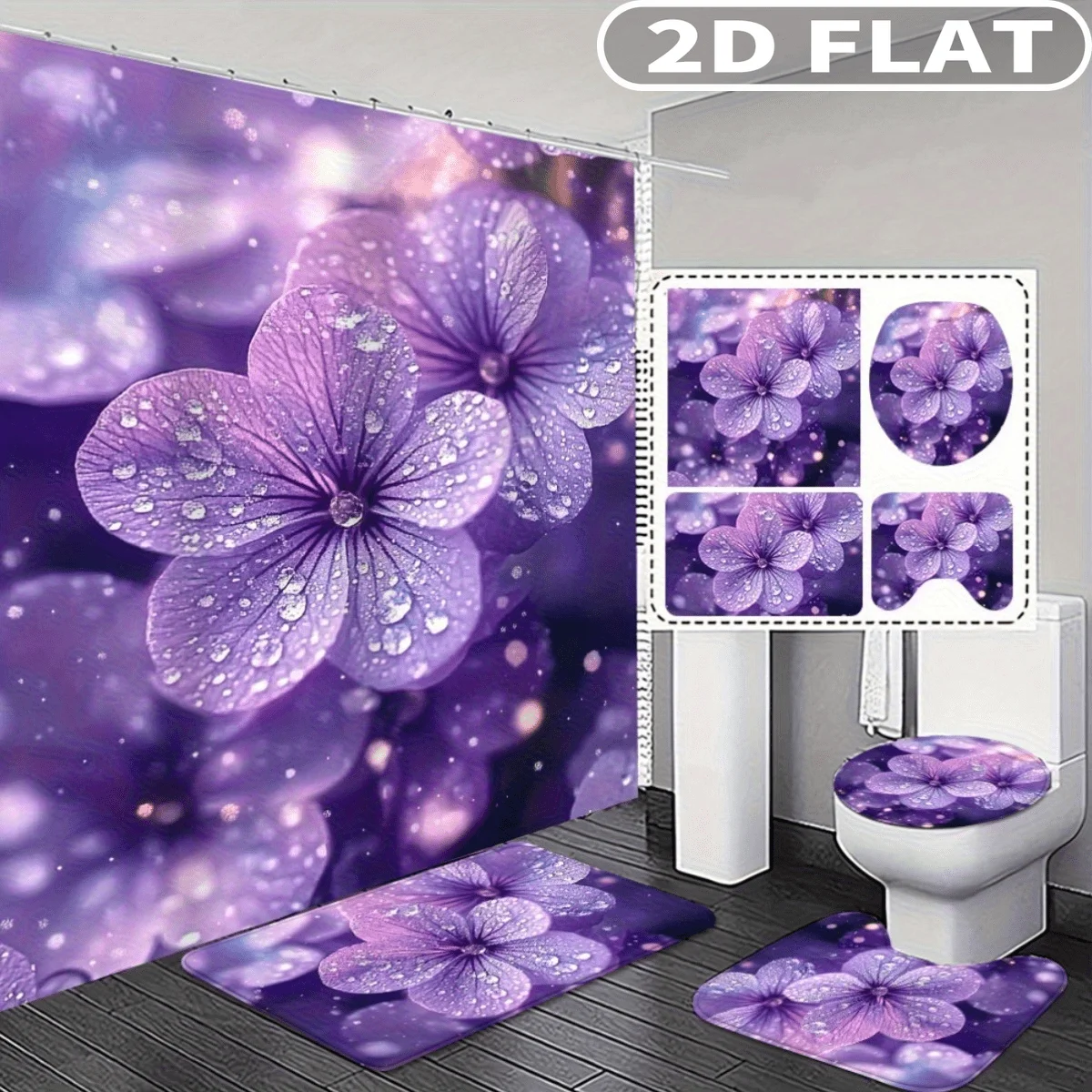 4pcs 2D FLAT Purple Flower Water Droplets Pattern Shower Curtain Set, with 3pc Bath Mat and 1pc Curtains Perfect for Home Deco
4pcs 2D FLAT Purple Flower Water Droplets Pattern Shower Curtain Set, with 3pc Bath Mat and 1pc Curtains Perfect for Home Deco