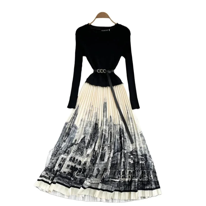 Lady Vestidos De Mujer Elegant O Neck Long Sleeve Knit Patchwork Flower Print Pleated Robe Femme Belt Solid Color Dresses
Lady Vestidos De Mujer Elegant O Neck Long Sleeve Knit Patchwork Flower Print Pleated Robe Femme Belt Solid Color Dresses