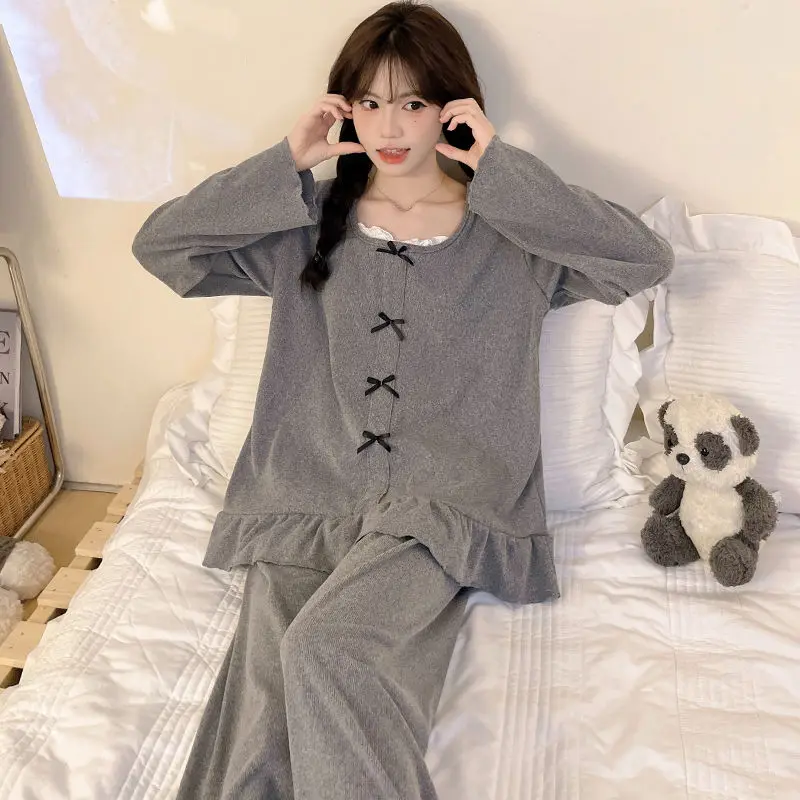 Female Long-sleeved Pajamas Set Women's Round Neck Comefortable Grey Nightwear Ladies 2XL Plus Size Sweet Sleepwear Suit
Female Long-sleeved Pajamas Set Women's Round Neck Comefortable Grey Nightwear Ladies 2XL Plus Size Sweet Sleepwear Suit