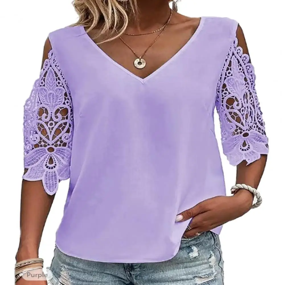 Women T-shirt V-Neck Cold Shoulder Shirt Top Hollow Lace Stitching Half Sleeve Thin Loose Clothing
Women T-shirt V-Neck Cold Shoulder Shirt Top Hollow Lace Stitching Half Sleeve Thin Loose Clothing