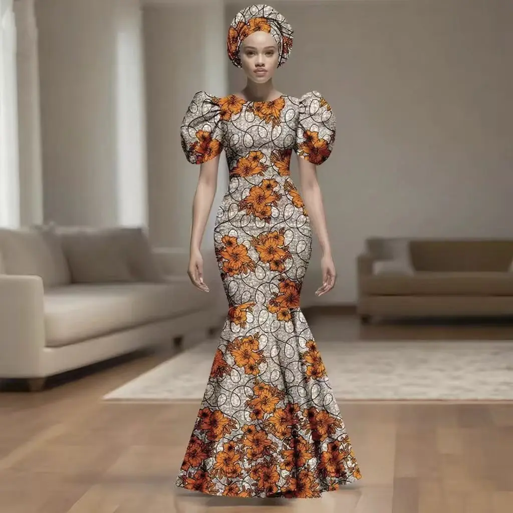 African Party Dress Women Puff Sleeve O-neck Slim Fit Mermaid Gown with Headwrap for Birthday Evening Wedding
African Party Dress Women Puff Sleeve O-neck Slim Fit Mermaid Gown with Headwrap for Birthday Evening Wedding