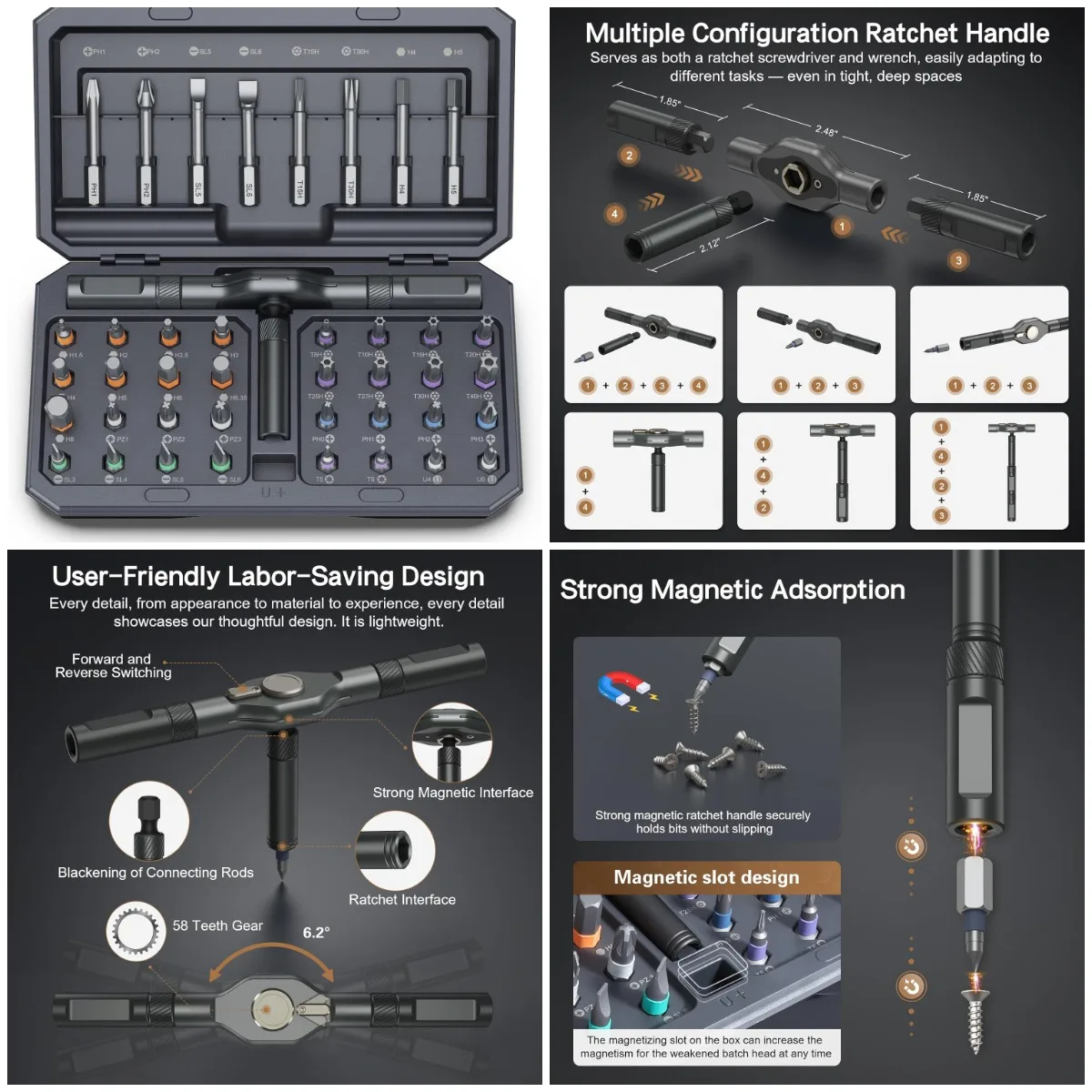 42-in-1 Magnetic Screwdriver Set, Multi-Bit Ratchet Tool Kit with Detachable Handle, Portable Repair Kit for Computer, Furniture