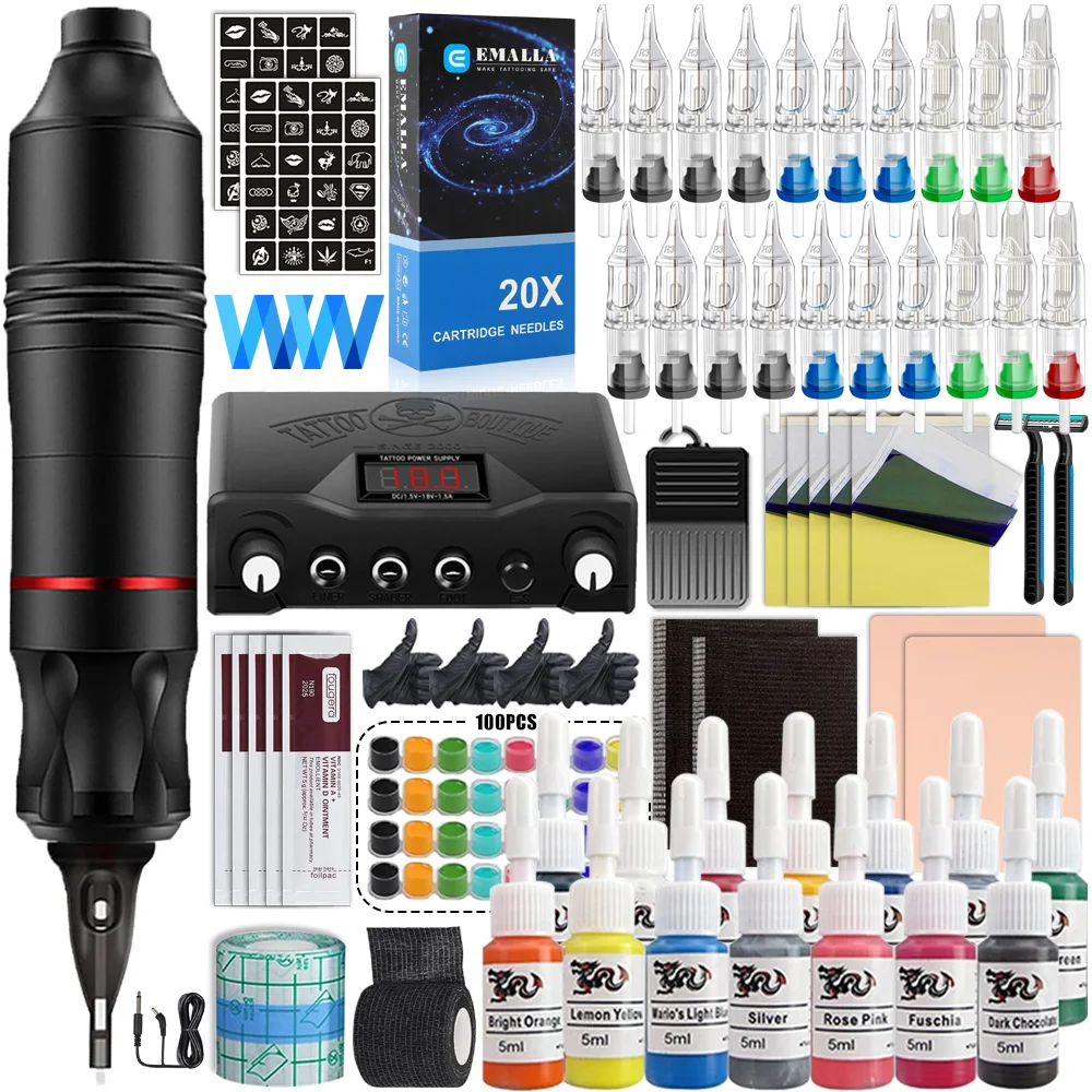 Professional Tattoo Machine Pen Kit with Cartridge Needles Power Supply Tattoo Inks Rotary Tattoo Pen Set for Beginners Body Art
Professional Tattoo Machine Pen Kit with Cartridge Needles Power Supply Tattoo Inks Rotary Tattoo Pen Set for Beginners Body Art