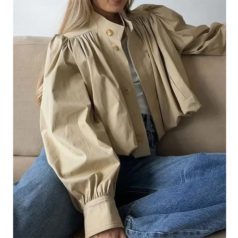 Casual Short Jackets Women Loose Chic Pleated Lantern Sleeve Stand Collar Single Breasted Coats Female 2026 Autumn Solid Outwear
Casual Short Jackets Women Loose Chic Pleated Lantern Sleeve Stand Collar Single Breasted Coats Female 2026 Autumn Solid Outwear