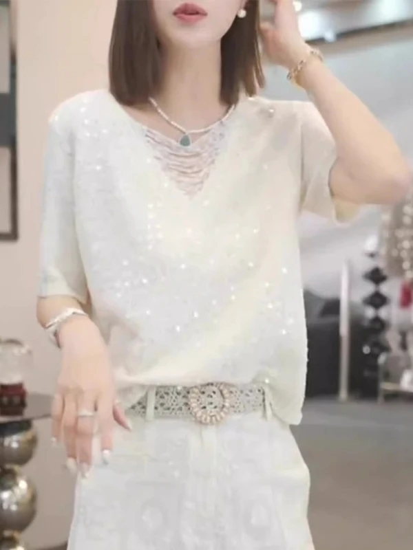 Shiny Sequin Knitted Short Sleeve T-Shirt Women's Summer Loose Fit plus Size Slimming Top Korean Style V-Neck Regular Thickness
Shiny Sequin Knitted Short Sleeve T-Shirt Women's Summer Loose Fit plus Size Slimming Top Korean Style V-Neck Regular Thickness