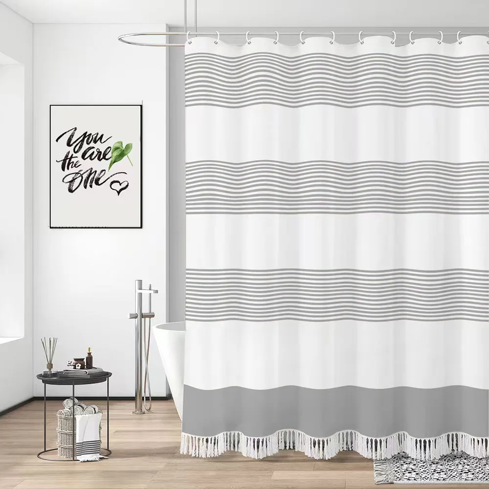 Modern Boho Shower Curtain, Wavy Stripe Design with Tassel Hem - Premium Polyester & Rustproof Grommets, Complete Set
Modern Boho Shower Curtain, Wavy Stripe Design with Tassel Hem - Premium Polyester & Rustproof Grommets, Complete Set