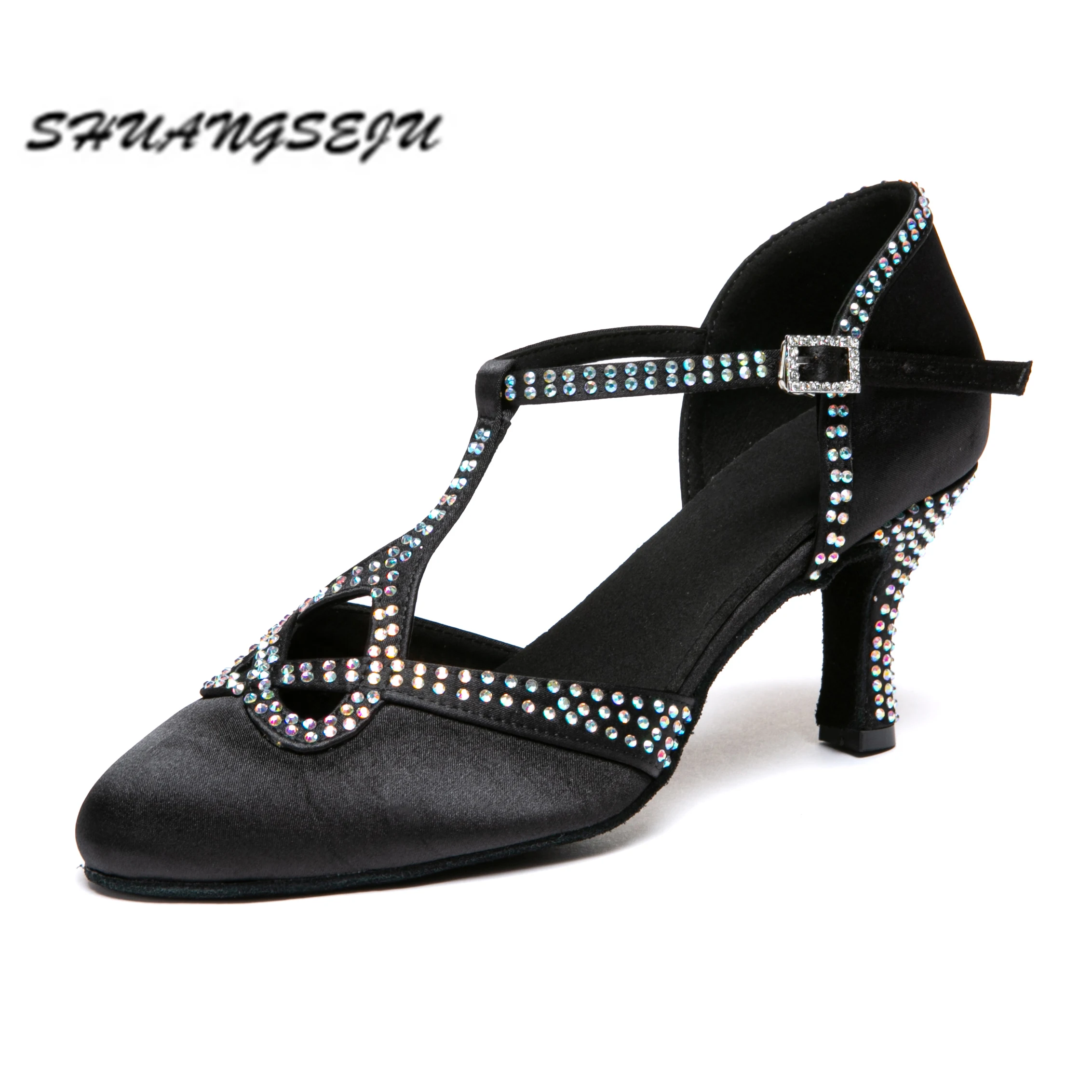 SHUANGSEJU Black satin shiny rhinestone Latin dance shoes, adult women's soft sole closed-toe modern dance shoes, mid-heel 7.5cm
SHUANGSEJU Black satin shiny rhinestone Latin dance shoes, adult women's soft sole closed-toe modern dance shoes, mid-heel 7.5cm