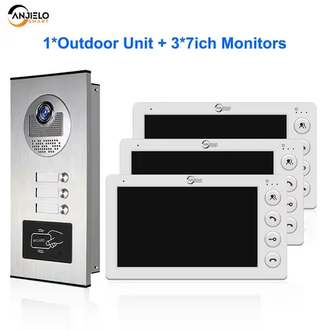 ANJIELO 2/3/4 Ünite Çoklu Daireler İnterkom Görüntülü Kapı Zili RFID Kart Kilidi Açma 7 inç 4 Kablolu Görüntülü Kapı Telefonu Sistemi