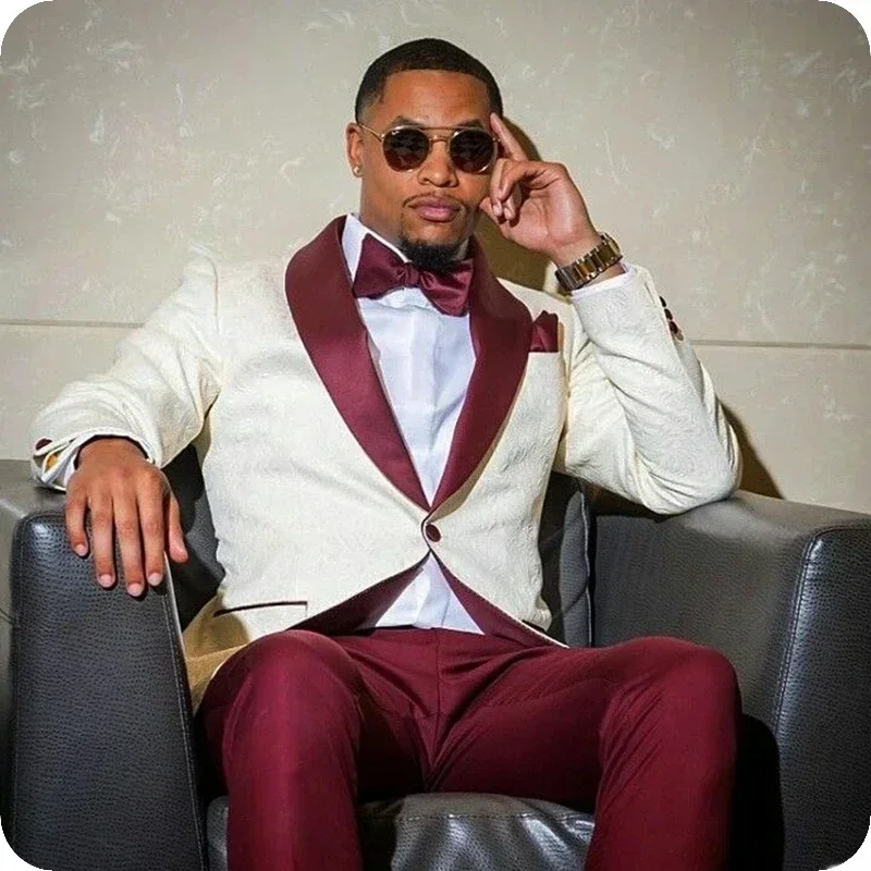 Elegant Jacquard White Jacket Burgundy Pant Men Suit Formal Wedding Groom Tuxedo Slim Fit Blazer High Quality Custom 2 Piece Set
Elegant Jacquard White Jacket Burgundy Pant Men Suit Formal Wedding Groom Tuxedo Slim Fit Blazer High Quality Custom 2 Piece Set