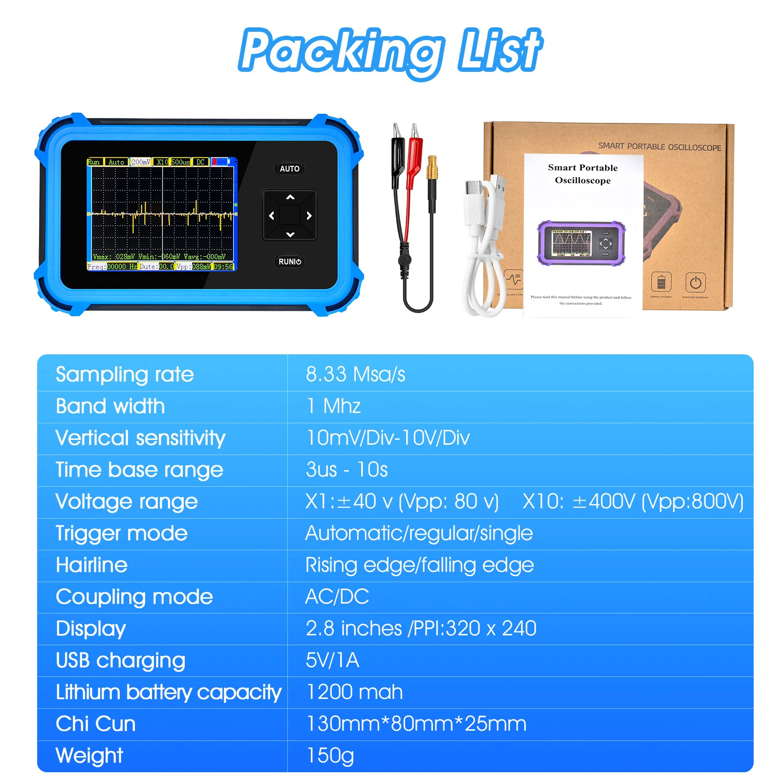Portable Oscilloscope Handheld Scope Automotive Tester 8.33 MSa s 1MHz ±400V Auto Normal Single Trigger for Electronics Repair
Portable Oscilloscope Handheld Scope Automotive Tester 8.33 MSa s 1MHz ±400V Auto Normal Single Trigger for Electronics Repair