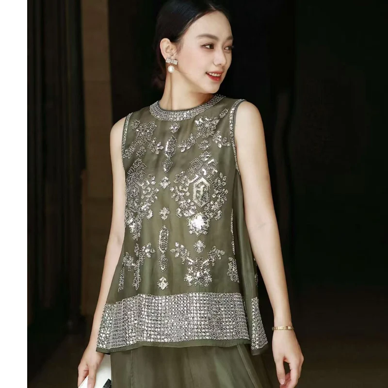 High End Summer New Silk Organza Fabric O- Neck Sleeveless A-line Shirt+Elastic Waist Half Skirt Women's 2-Piece Set S_XL
High End Summer New Silk Organza Fabric O- Neck Sleeveless A-line Shirt+Elastic Waist Half Skirt Women's 2-Piece Set S_XL