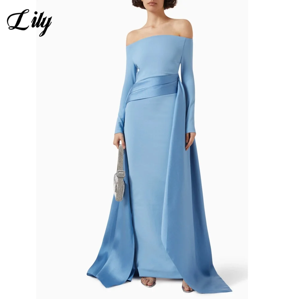 Lily Sky Blue Prom Dress Off Shoulder Long Sleeves Satin Formal Dress Pleats Embellishments and Trumpet Party Dress Customized
Lily Sky Blue Prom Dress Off Shoulder Long Sleeves Satin Formal Dress Pleats Embellishments and Trumpet Party Dress Customized