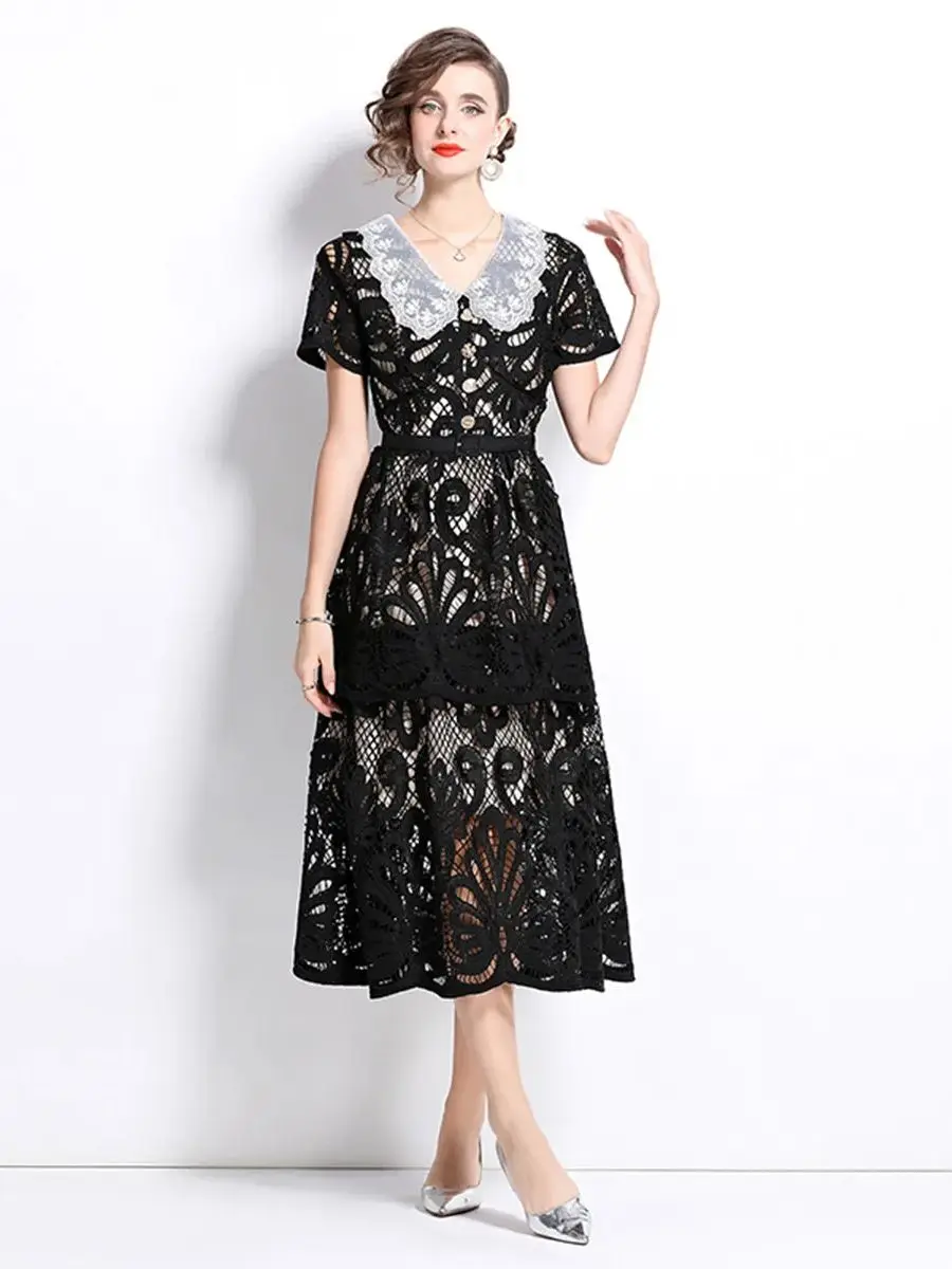 Elegant Solid Hollow Out Lace Dresses For Women Peter Pan Collar Embroidery Short Sleeve High Waist Slim Cake Long Dress Female
Elegant Solid Hollow Out Lace Dresses For Women Peter Pan Collar Embroidery Short Sleeve High Waist Slim Cake Long Dress Female