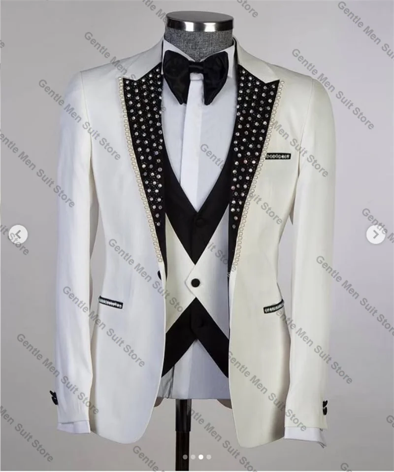White Beaded Men Suit Pants Set 3 Piece Vest+Blazer+Black Trousers Wedding Tuxedo Male Prom Coat Customized Formal Office Jacket
White Beaded Men Suit Pants Set 3 Piece Vest+Blazer+Black Trousers Wedding Tuxedo Male Prom Coat Customized Formal Office Jacket