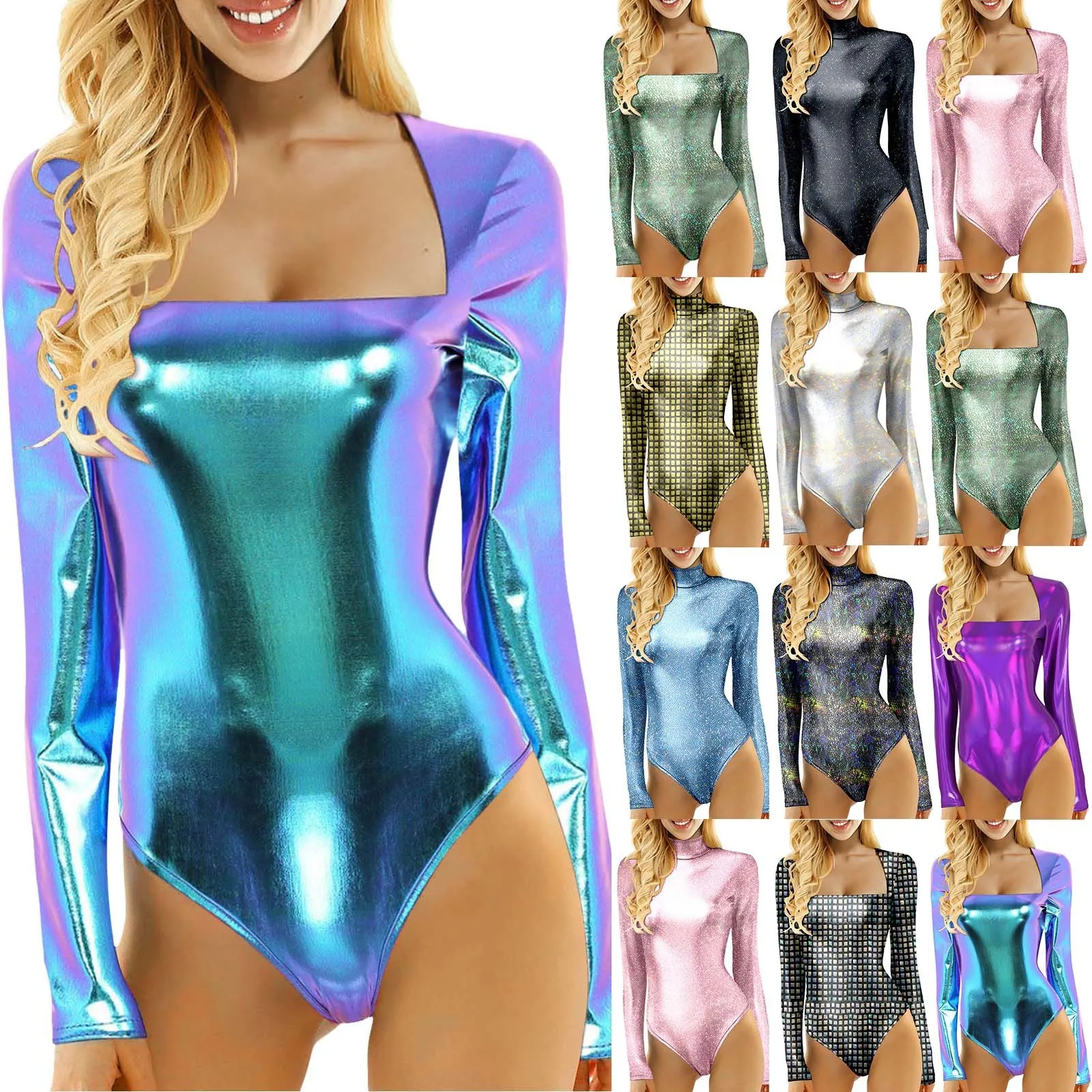 Women Carnival Jumpsuits Shiny Laser Metallic PVC Leather Square Neck Long Sleeve for stage club costumes woman Leotard Bodysuit
Women Carnival Jumpsuits Shiny Laser Metallic PVC Leather Square Neck Long Sleeve for stage club costumes woman Leotard Bodysuit