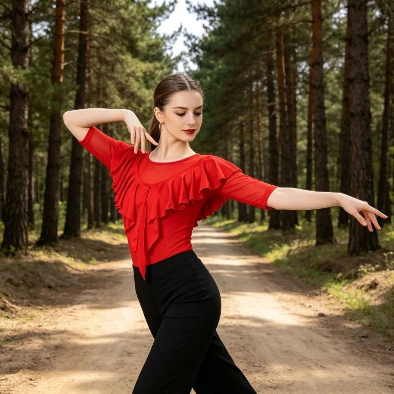Summer Round Neck Double Layered Ruffled Mesh Latin Top for Adult Women, Gitaba Ballroom Dance Stage Performance Training Top
Summer Round Neck Double Layered Ruffled Mesh Latin Top for Adult Women, Gitaba Ballroom Dance Stage Performance Training Top