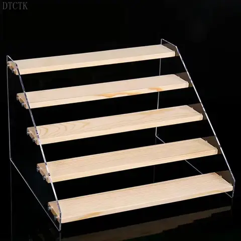 DTCTK Layers Acrylic Storage Display Shelf Rack Figure Ladder Showcase Display Stand Wooden Household Action Figure Organizers