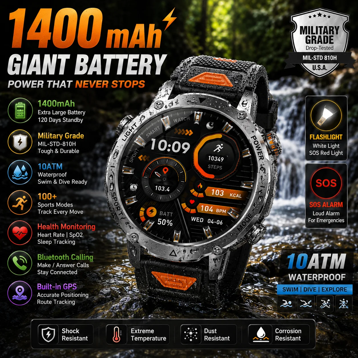 Military Sports TANK Ultra 1400mAh Battery Military Smart Watch 10ATM Waterproof Heart Rate Tactical Flashlight Men Sports Watch
Military Sports TANK Ultra 1400mAh Battery Military Smart Watch 10ATM Waterproof Heart Rate Tactical Flashlight Men Sports Watch
