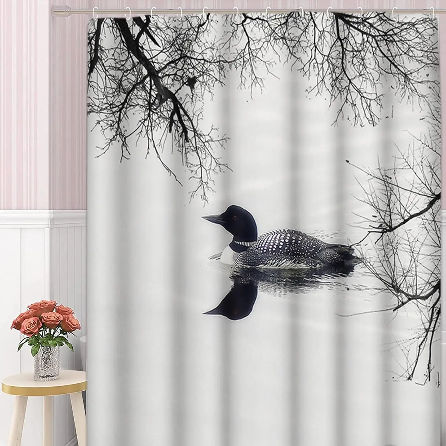 Black and White Loon Bird Shower Curtain, Common Loon with Bare Tree Branches and Reflection, Waterproof Fabric Bath Curtain
Black and White Loon Bird Shower Curtain, Common Loon with Bare Tree Branches and Reflection, Waterproof Fabric Bath Curtain
