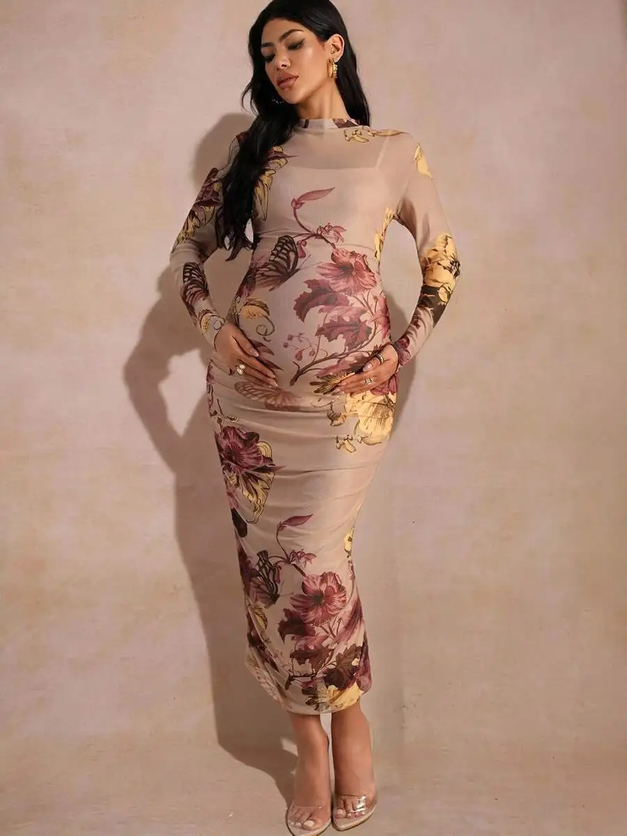 Maternity Floral Print Ruched Bodycon Long Sleeve Maxi Dress For Women
Maternity Floral Print Ruched Bodycon Long Sleeve Maxi Dress For Women