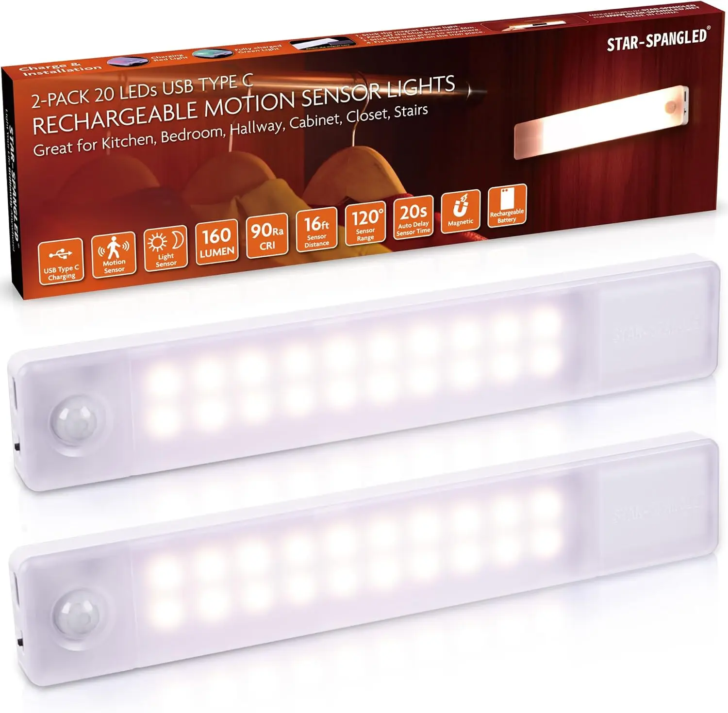 Motion Sensor Under Cabinet Light, 8" Rechargeable LED Closet Light, Battery Operated, USB Magnetic Stick On, Warm White 2 Pack
Motion Sensor Under Cabinet Light, 8" Rechargeable LED Closet Light, Battery Operated, USB Magnetic Stick On, Warm White 2 Pack