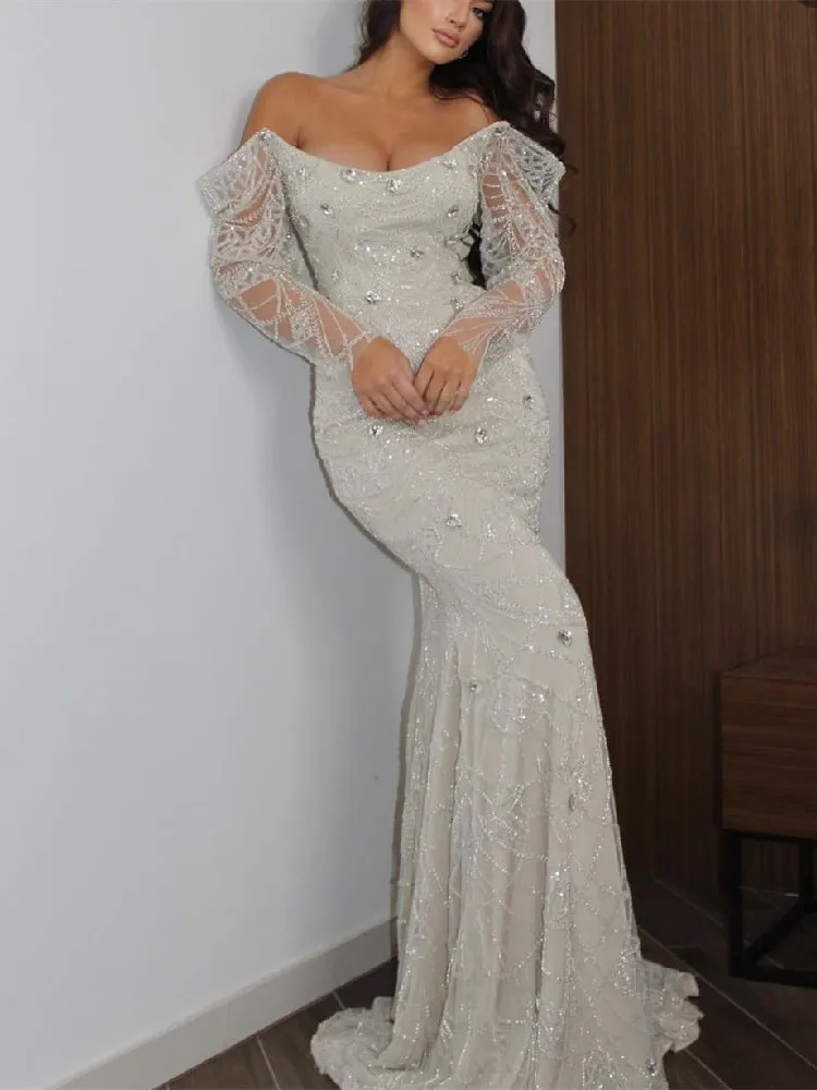 Elegant Mermaid Evening Dresses Long Sleeves V Neck Sequins Appliques Crystal Beads Diamonds Off Shoulder Plus Size Prom Dresses
Elegant Mermaid Evening Dresses Long Sleeves V Neck Sequins Appliques Crystal Beads Diamonds Off Shoulder Plus Size Prom Dresses