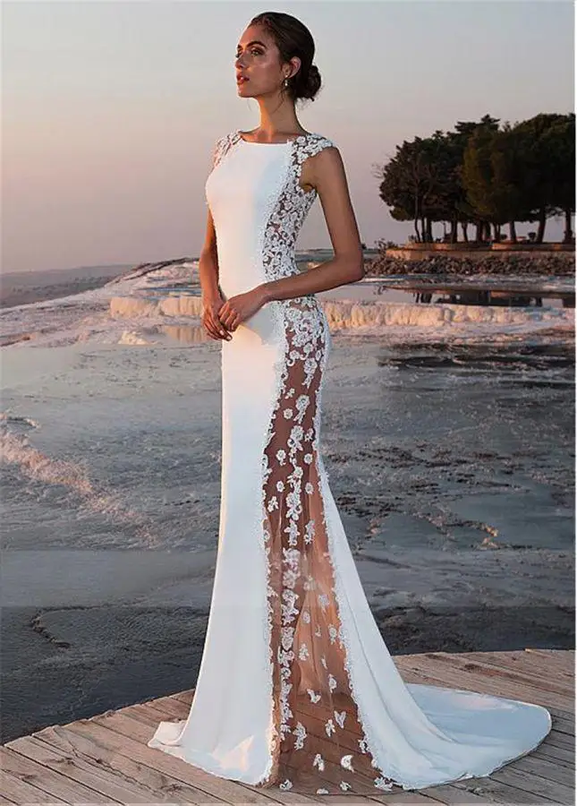 Elastic satin wedding dress with round neckline, mermaid transparent side cut wedding dress with lace dress
Elastic satin wedding dress with round neckline, mermaid transparent side cut wedding dress with lace dress