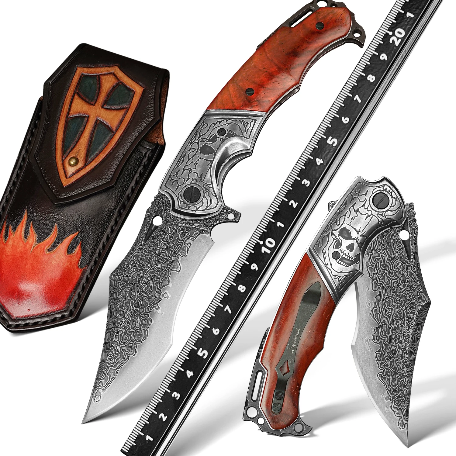 Handmade folding knife, VG10 Damascus steel 67 layers blade, rosewood + stainless steel handle, hand-carved Italian leather
Handmade folding knife, VG10 Damascus steel 67 layers blade, rosewood + stainless steel handle, hand-carved Italian leather