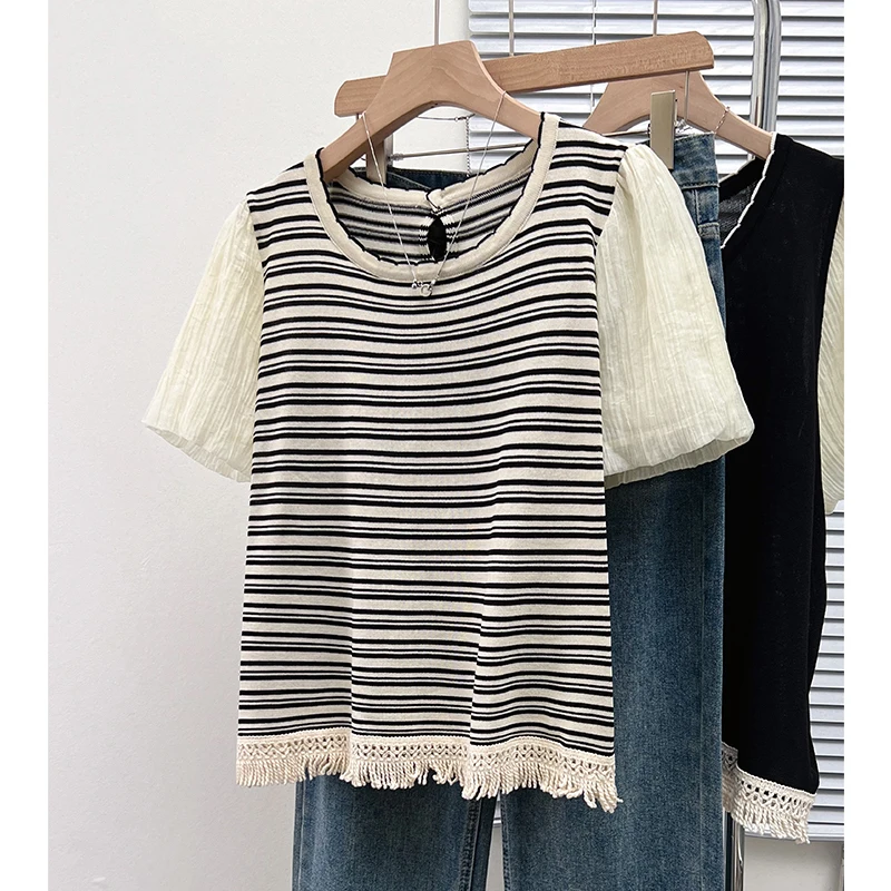 Summer Striped Sweater Tops Women Knit T-shirts Tees Casual Elegant Fashion Ladies Pullovers Short Sleeve O-neck Knitwear Jumper
Summer Striped Sweater Tops Women Knit T-shirts Tees Casual Elegant Fashion Ladies Pullovers Short Sleeve O-neck Knitwear Jumper