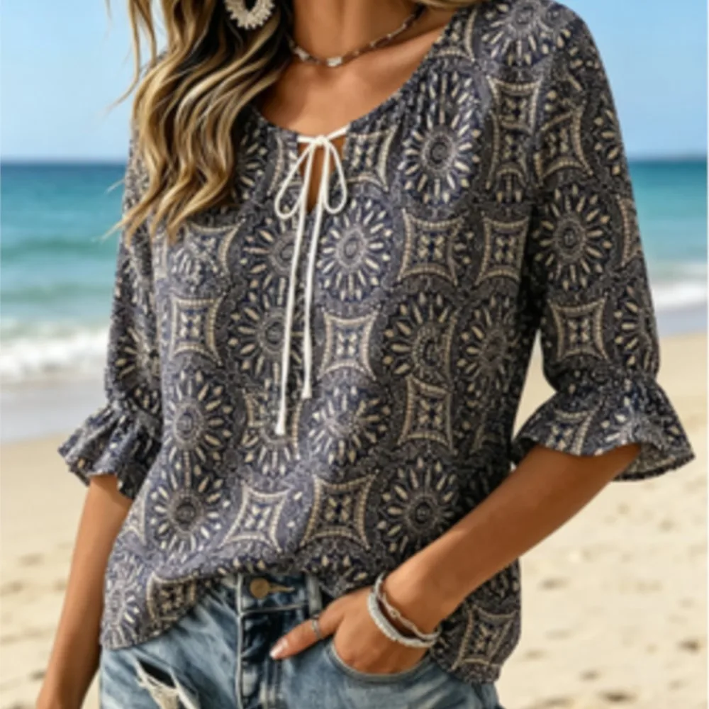 Women's Navy Mandala Boho Print Tie Neck Blouse Ruffle 3/4 Sleeve Ethnic Casual Loose Vacation Summer Daily Top
Women's Navy Mandala Boho Print Tie Neck Blouse Ruffle 3/4 Sleeve Ethnic Casual Loose Vacation Summer Daily Top