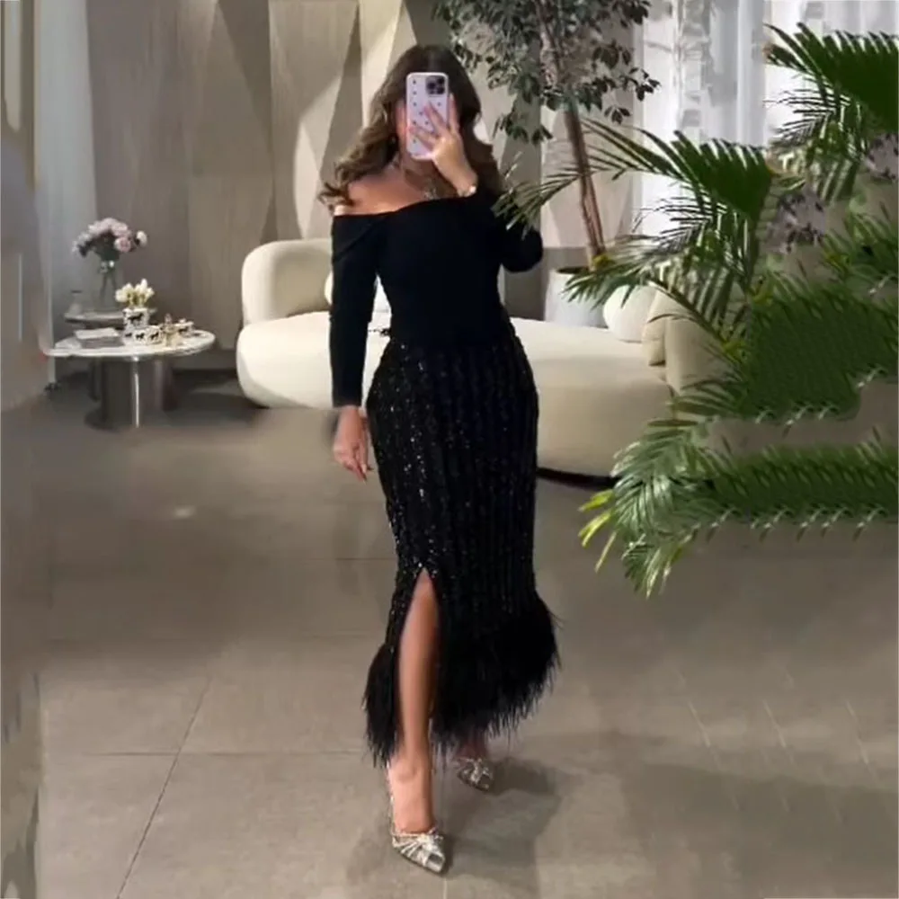 Black Off The Shoulder Lace Straight Evening Dresses Long Sleeve Feathers Patchwork Ankle-Leng Side Split Prom Gown فساتين الحفل
Black Off The Shoulder Lace Straight Evening Dresses Long Sleeve Feathers Patchwork Ankle-Leng Side Split Prom Gown فساتين الحفل