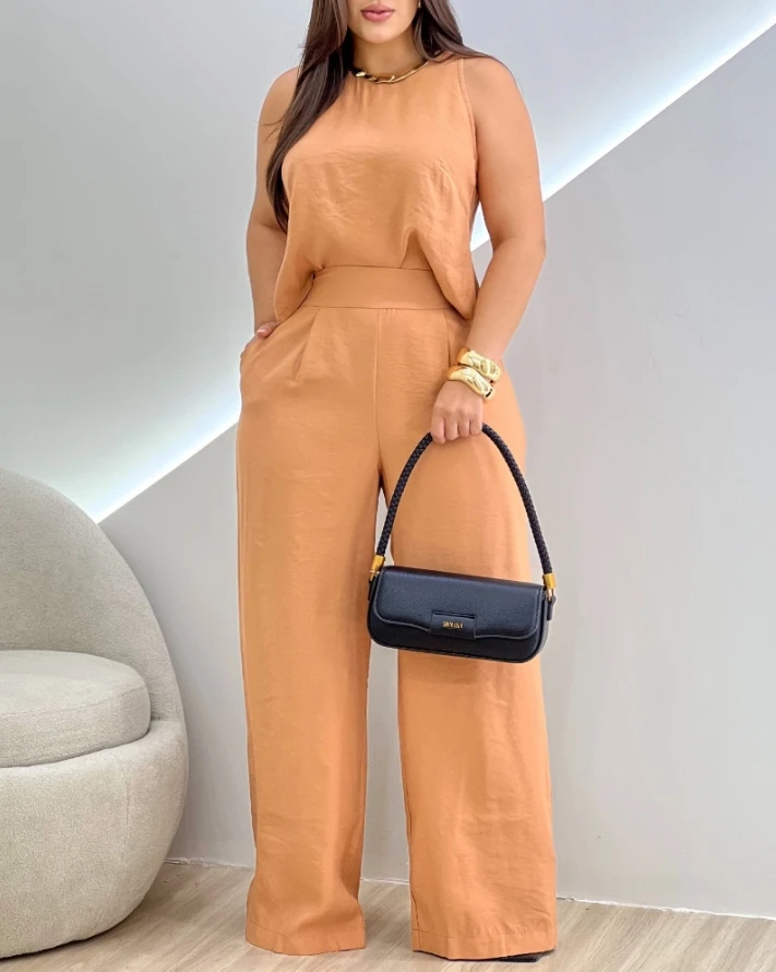 Women's Pants Sets Summer Wear 2 Pieces Outfit Female Fashion Round Neck Sleeveless Top & Elastic-Waist Wide Leg Trousers Set
Women's Pants Sets Summer Wear 2 Pieces Outfit Female Fashion Round Neck Sleeveless Top & Elastic-Waist Wide Leg Trousers Set