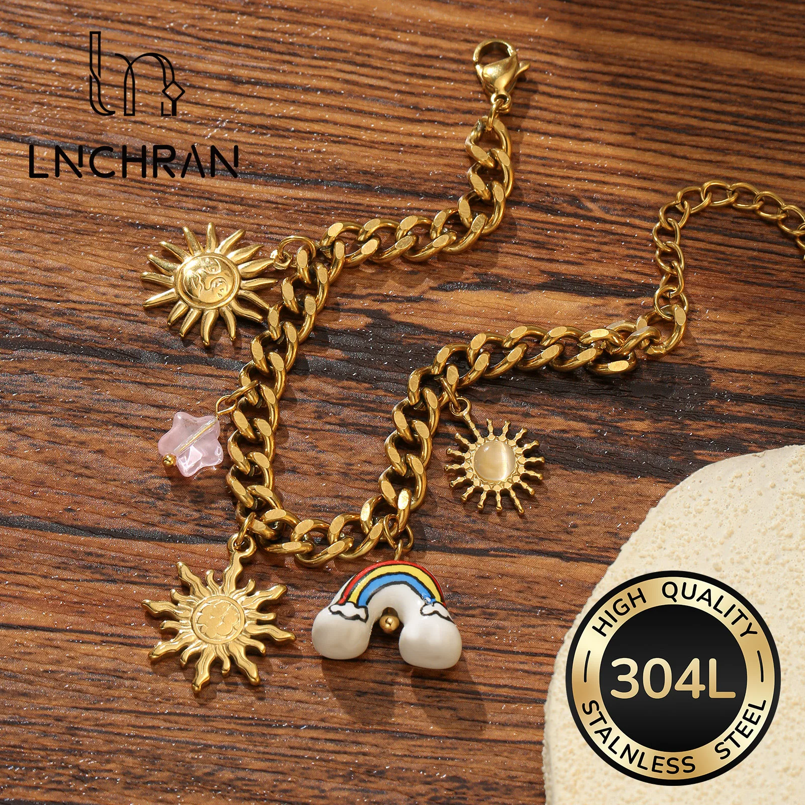 Golden Stainless Steel Sun Rainbow Charm Bracelet with Pink Crystal Star for Women
Golden Stainless Steel Sun Rainbow Charm Bracelet with Pink Crystal Star for Women