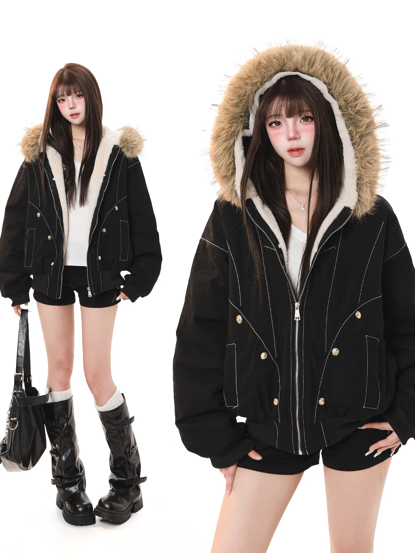 Retro American Hooded Jaet Women's Winter New Loose Thi Warm Design Cotton Coat Outerwear with Fur Collar Long Sve Zipper
Retro American Hooded Jaet Women's Winter New Loose Thi Warm Design Cotton Coat Outerwear with Fur Collar Long Sve Zipper