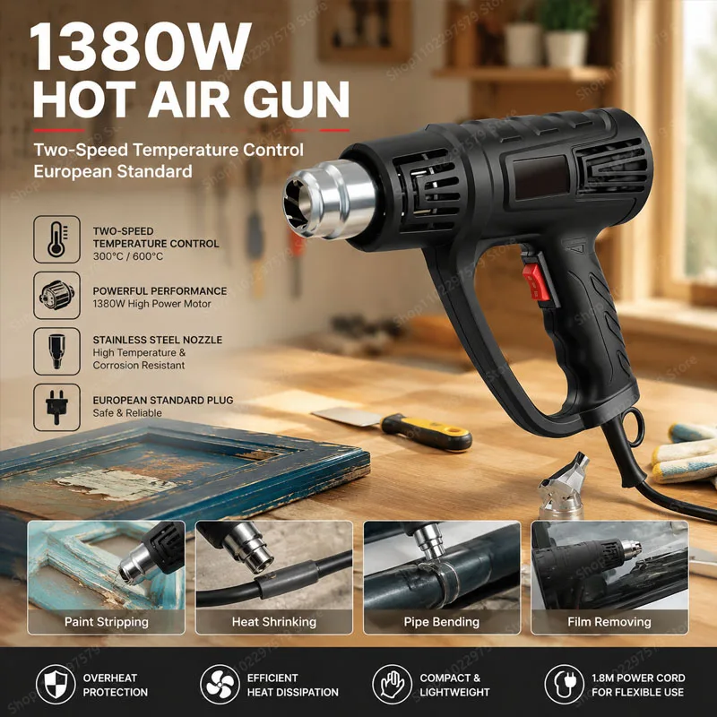 1380W Professional Heat Gun With Adjustable Temperature, Can Be Used For Home DIY Removal Of Paint And Plastic Heat Shrink Film.
1380W Professional Heat Gun With Adjustable Temperature, Can Be Used For Home DIY Removal Of Paint And Plastic Heat Shrink Film.