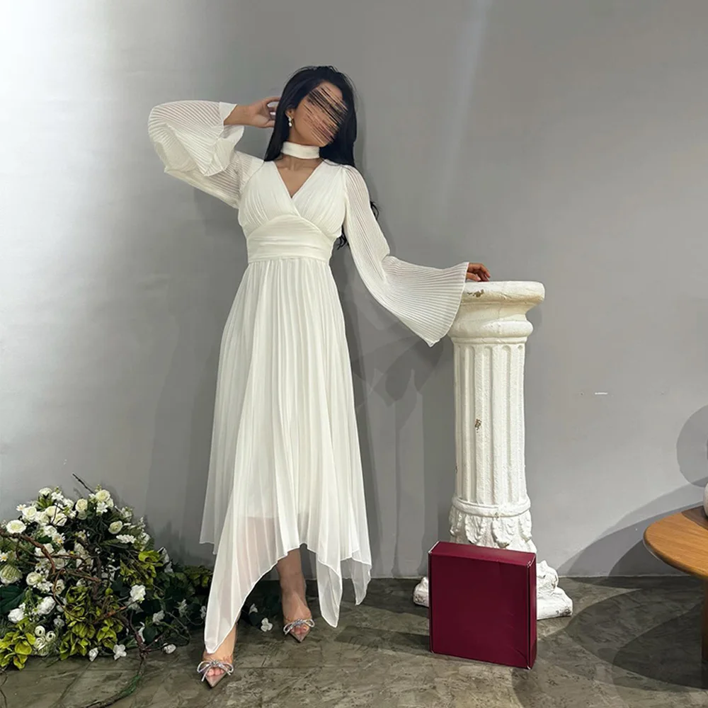 Customized High Quality Chiffon A-Line Flare Sleeves Evening Dress V-Neck Long Sleeves White Special Occasion Gowns Modern
Customized High Quality Chiffon A-Line Flare Sleeves Evening Dress V-Neck Long Sleeves White Special Occasion Gowns Modern
