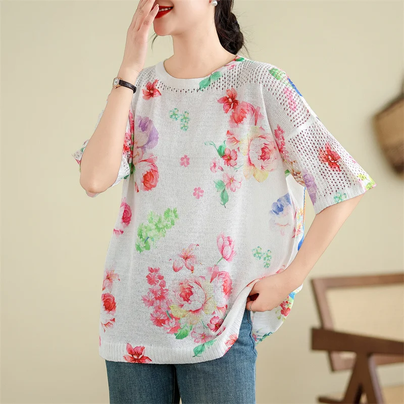 Summer Knitted T Shirt Women Sweater Pullovers Clothes Quality Tees Top Short Sleeve Casual Floral print Hollow Women's T-shirt
Summer Knitted T Shirt Women Sweater Pullovers Clothes Quality Tees Top Short Sleeve Casual Floral print Hollow Women's T-shirt