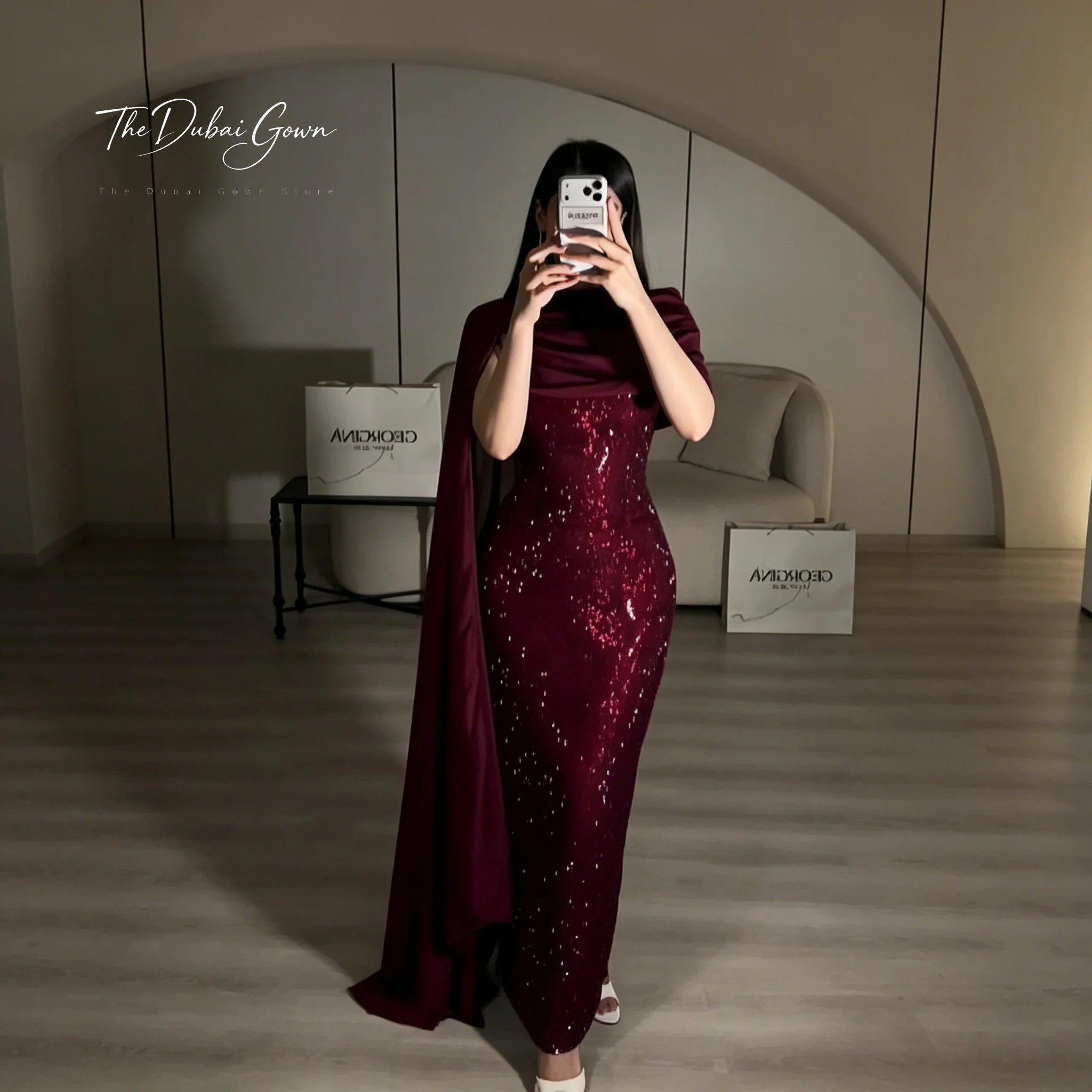 Elegant Burgundy Strapless Sleeveless Fishtail Floor-Length Formal Gown with Sequin Sash and Matching Floor-Length Shawl
Elegant Burgundy Strapless Sleeveless Fishtail Floor-Length Formal Gown with Sequin Sash and Matching Floor-Length Shawl