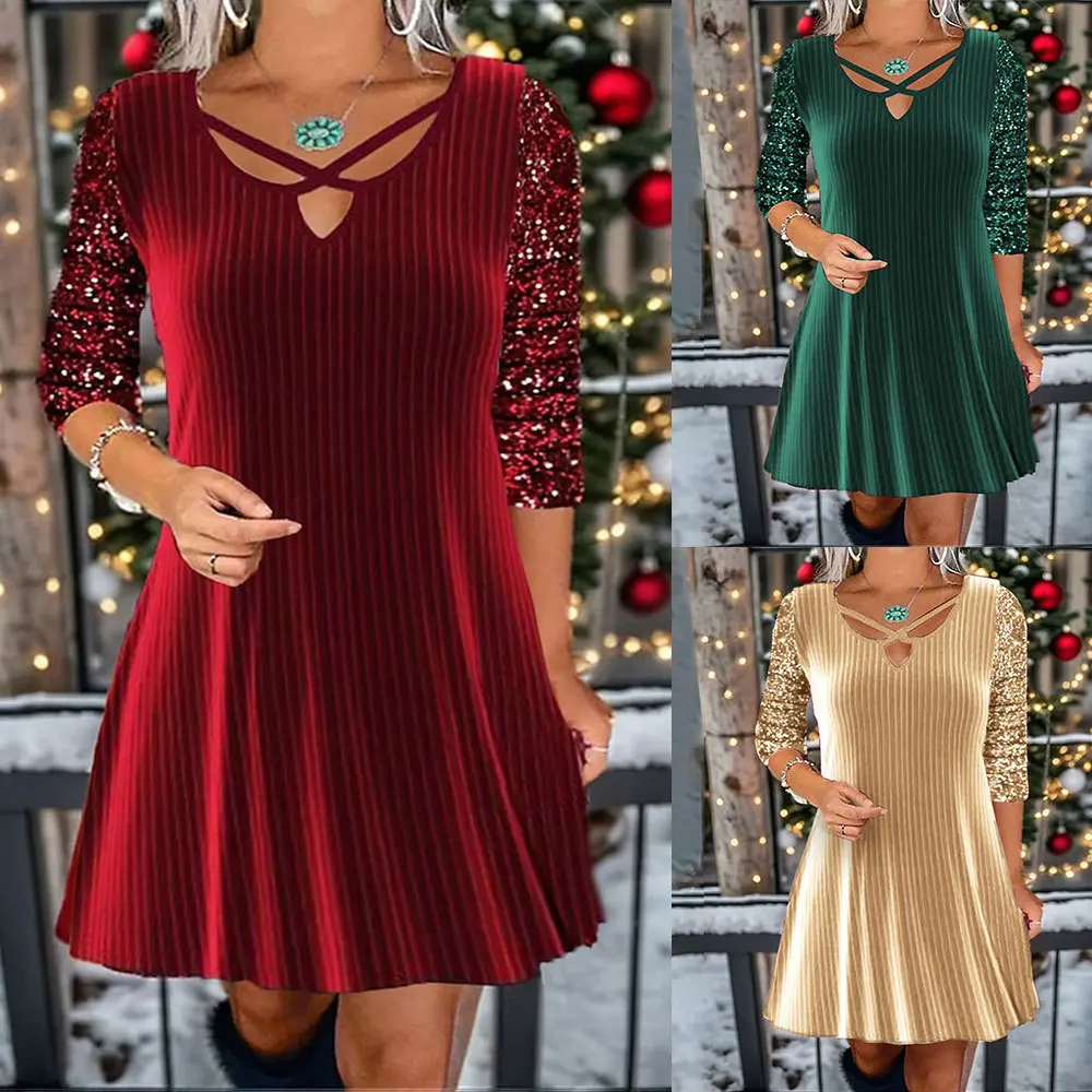 Dresses Women Vestidos Solid A Line Short Dress Sequin Full Sleeve Sexy Loose Waist Casual Splice V Neck Gown Regular 2023
Dresses Women Vestidos Solid A Line Short Dress Sequin Full Sleeve Sexy Loose Waist Casual Splice V Neck Gown Regular 2023