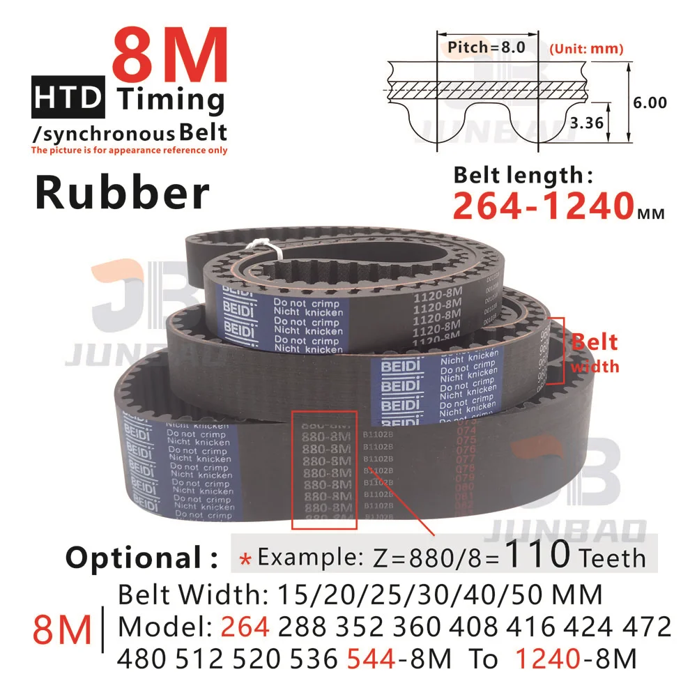 HTD 8M Timing Belt Industrial Grade (264-1240mm Length, 15-50mm Width) -Rubber Synchronous Belt for Machinery, CNC/3D Printers
HTD 8M Timing Belt Industrial Grade (264-1240mm Length, 15-50mm Width) -Rubber Synchronous Belt for Machinery, CNC/3D Printers