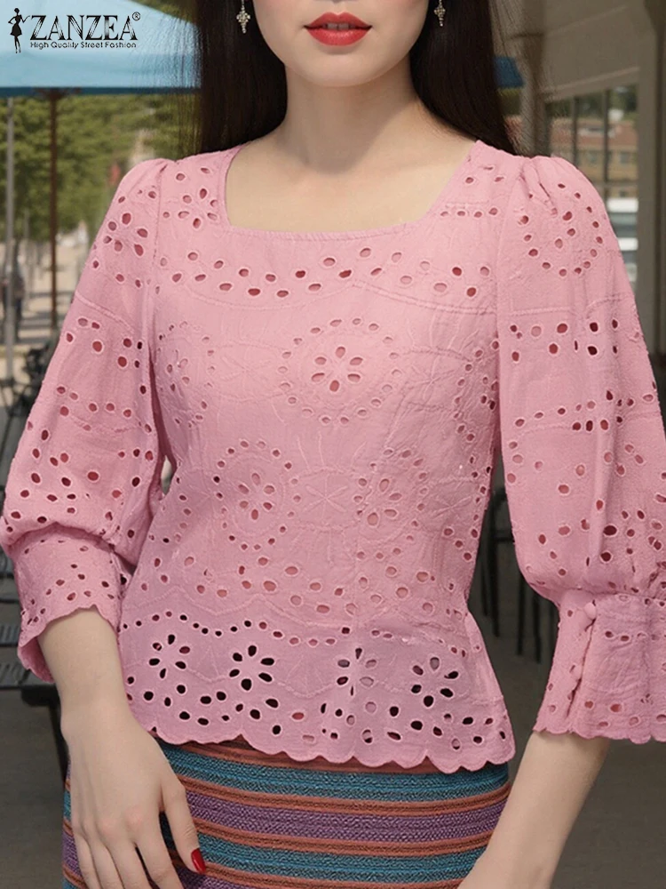 ZANZEA Хлопковые блузки женские кружевные топы с вырезами 2025 повседневные рабочие рубашки OL однотонные элегантные блузки с расклешенными рукавами женские туники 
ZANZEA Хлопковые блузки женские кружевные топы с вырезами 2025 повседневные рабочие рубашки OL однотонные элегантные блузки с расклешенными рукавами женские туники