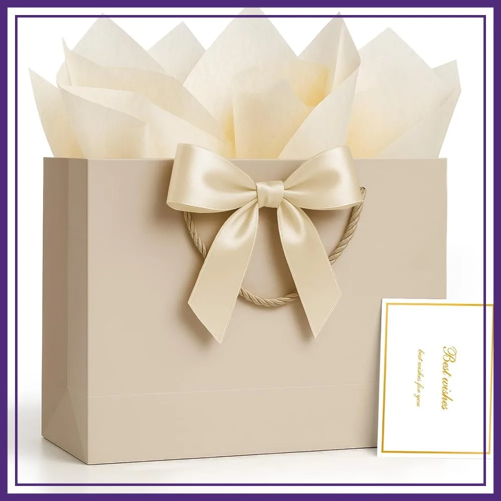 Champagne Beige Gift Bags with Handles, Ribbon & Card, 2 Tissue Paper - Perfect for Weddings, Parties & More
Champagne Beige Gift Bags with Handles, Ribbon & Card, 2 Tissue Paper - Perfect for Weddings, Parties & More