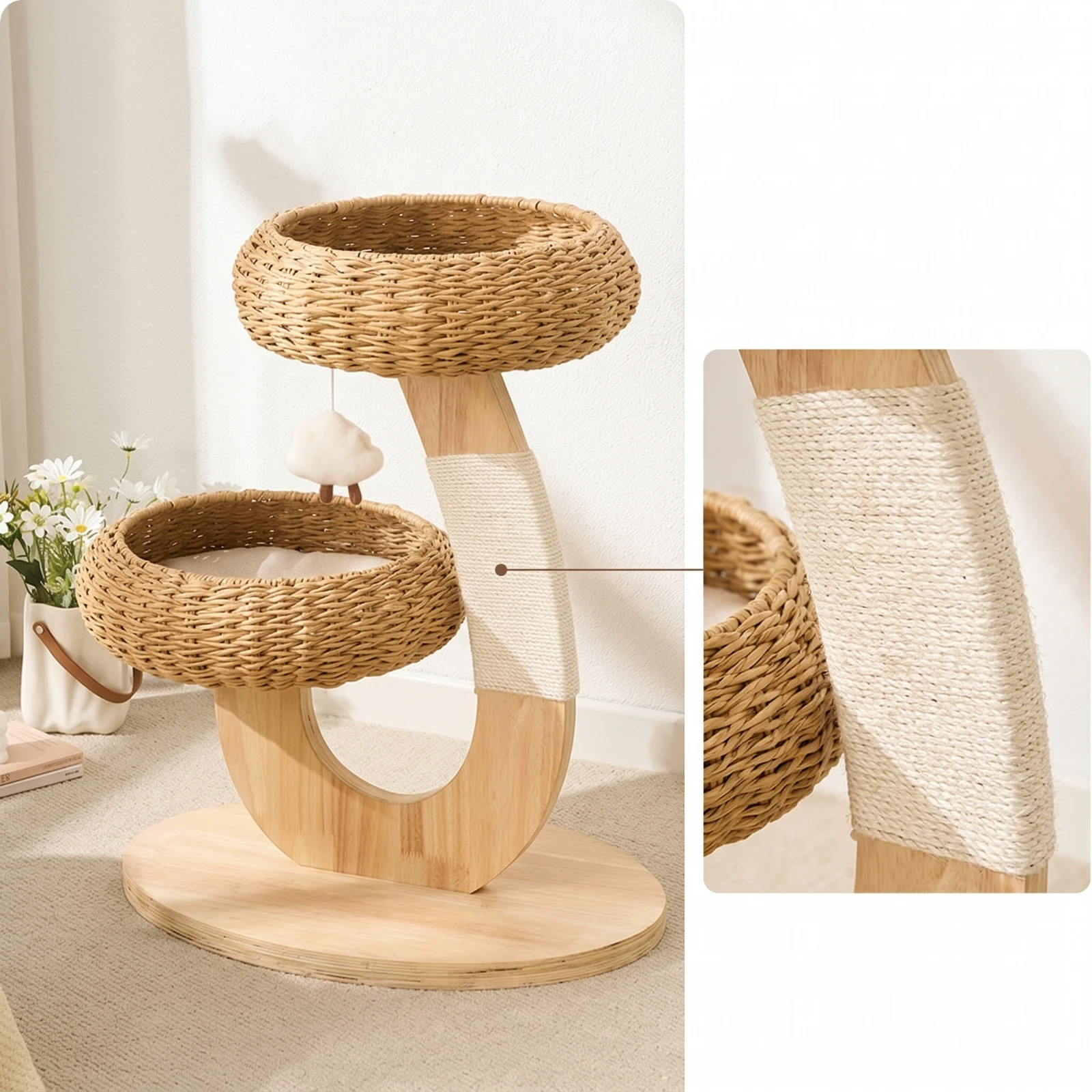 Wooden Cat Tree with Rattan Perch Natural Wood Cat Tree with Perch Pet Furniture Modern Multi-Level for Cats, Indoor
Wooden Cat Tree with Rattan Perch Natural Wood Cat Tree with Perch Pet Furniture Modern Multi-Level for Cats, Indoor