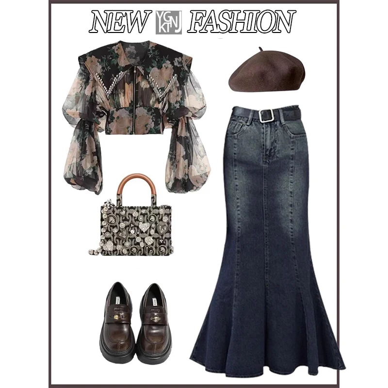 Faionable Commute Floral Print Doll Collar Top High Waist Slim Fit Fi Tail Skirt Set Women's Autumn Vintage Elegance
Faionable Commute Floral Print Doll Collar Top High Waist Slim Fit Fi Tail Skirt Set Women's Autumn Vintage Elegance