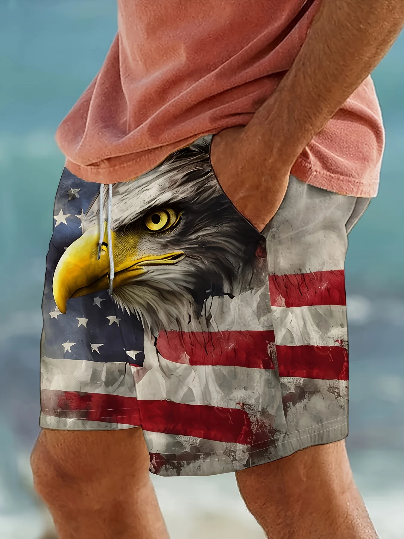 Men's Casual Shorts featuring a Flag and Eagle Print, with a Drawstring Waist; Crafted from Lightweight Polyester Fabric.
Men's Casual Shorts featuring a Flag and Eagle Print, with a Drawstring Waist; Crafted from Lightweight Polyester Fabric.