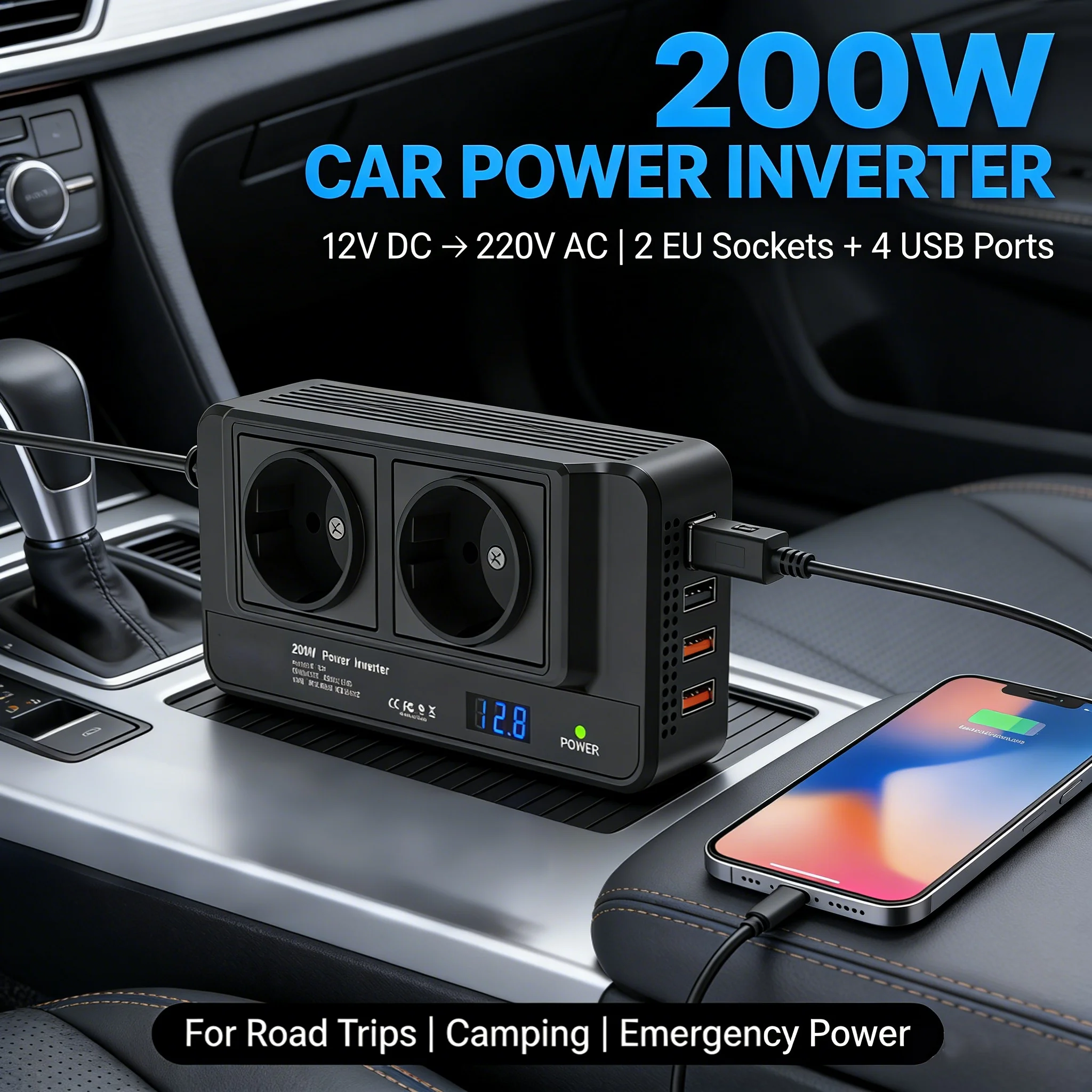 200W SUV Car Power Converter 12V DC to 220V AC Car Plug Adapter 2 Outlets 4 USB Ports Charging for Phones, Small Appliances
200W SUV Car Power Converter 12V DC to 220V AC Car Plug Adapter 2 Outlets 4 USB Ports Charging for Phones, Small Appliances