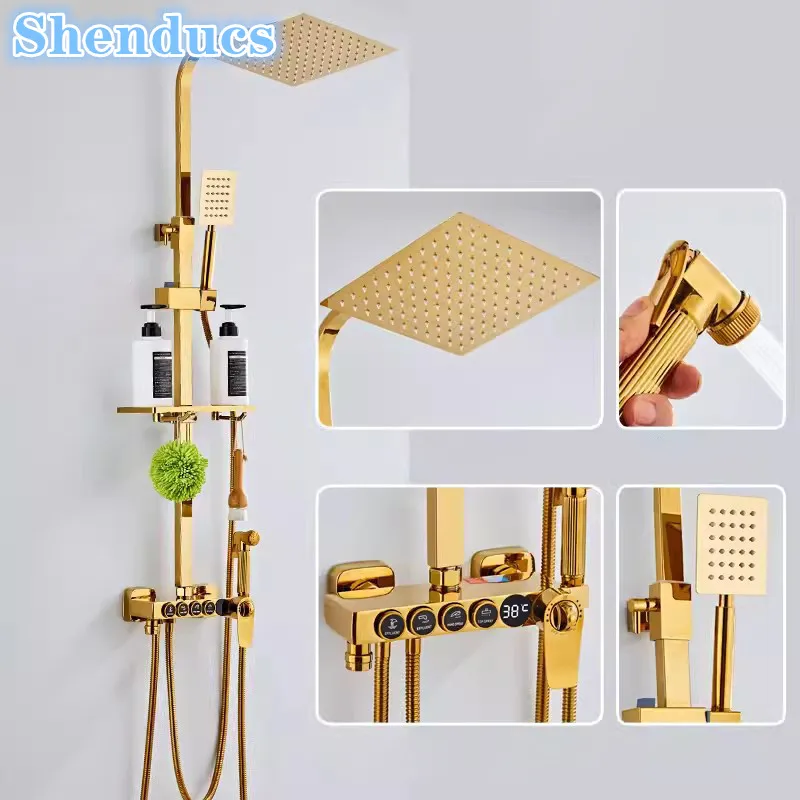 Gold Thermostatic Bathroom Shower System Wall Mounted Hot Cold Digital Bathroom Shower Set Faucet Accessories Rain Shower Head
Gold Thermostatic Bathroom Shower System Wall Mounted Hot Cold Digital Bathroom Shower Set Faucet Accessories Rain Shower Head